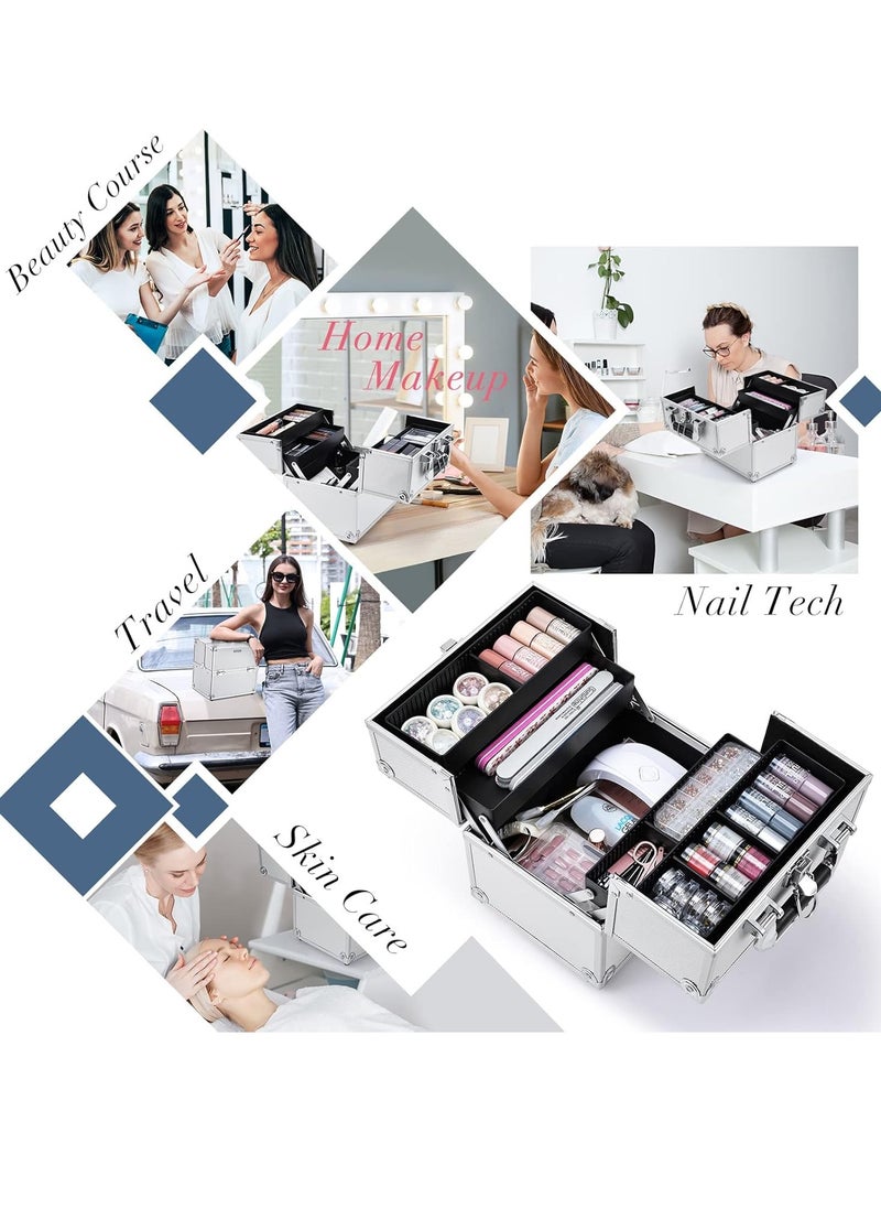 FRENESSA - Professional Makeup Train Case Aluminum Makeup Box 4-Tier Trays Crafters Train Case Jewelry Storage Organizer with Lockable Portable Travel Makeup Storage Box for Women and Girls (Bright Silver) - Image 1