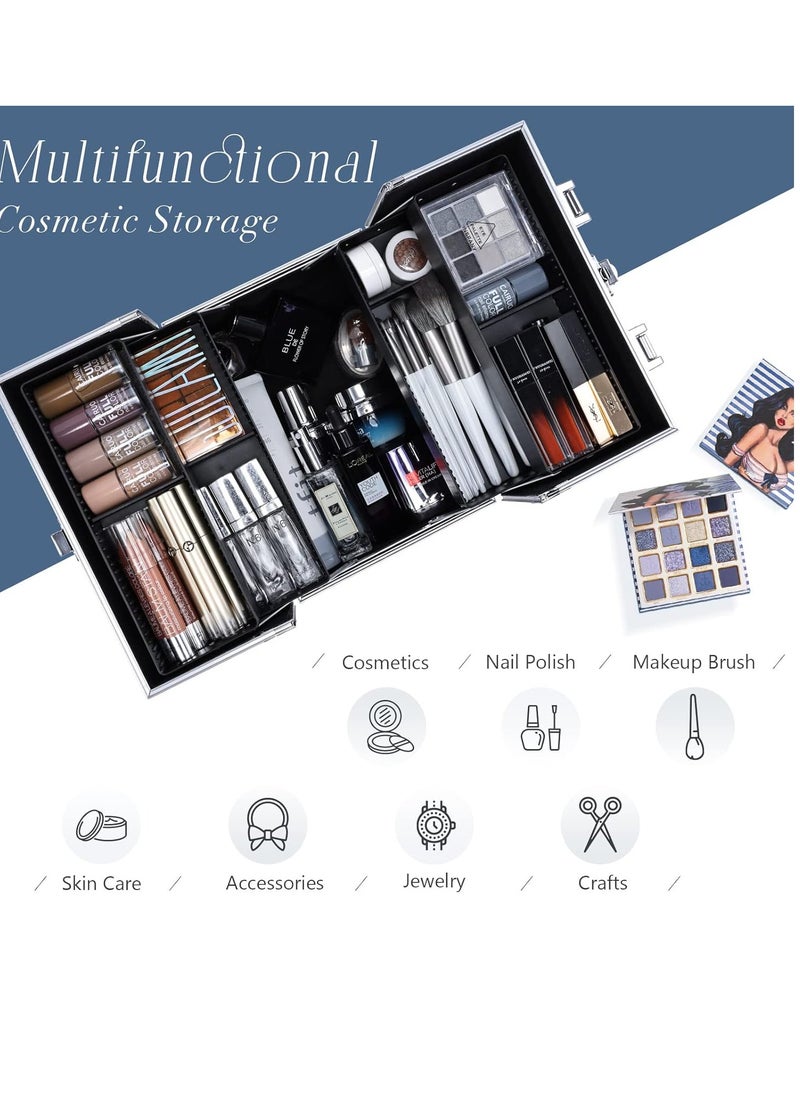 FRENESSA - Professional Makeup Train Case Aluminum Makeup Box 4-Tier Trays Crafters Train Case Jewelry Storage Organizer with Lockable Portable Travel Makeup Storage Box for Women and Girls (Bright Silver) - Image 1