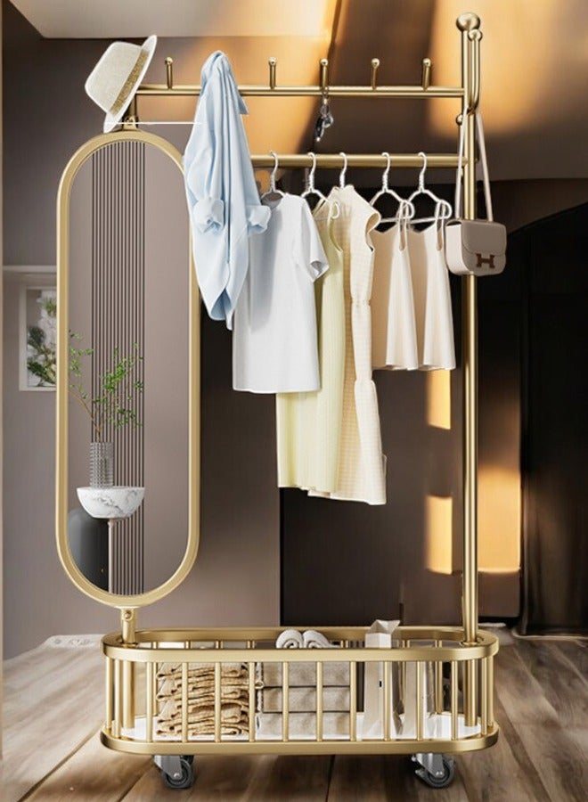 زي سي إم - هابي علاقة ملابس فاخرة 3 في 1 قابلة للدوران على الأرض مع مرآة تزيين كاملة الطول، وخطافات تخزين وسلة، وعجلات عالمية، ولمسة نهائية ذهبية 80 سم - Image 1