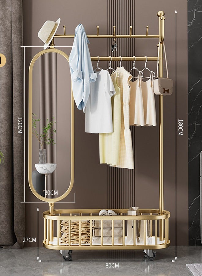 زي سي إم - هابي علاقة ملابس فاخرة 3 في 1 قابلة للدوران على الأرض مع مرآة تزيين كاملة الطول، وخطافات تخزين وسلة، وعجلات عالمية، ولمسة نهائية ذهبية 80 سم - Image 2