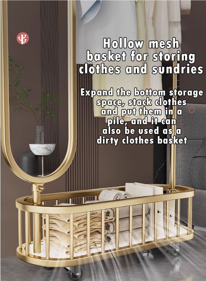 زي سي إم - هابي علاقة ملابس فاخرة 3 في 1 قابلة للدوران على الأرض مع مرآة تزيين كاملة الطول، وخطافات تخزين وسلة، وعجلات عالمية، ولمسة نهائية ذهبية 80 سم - Image 5