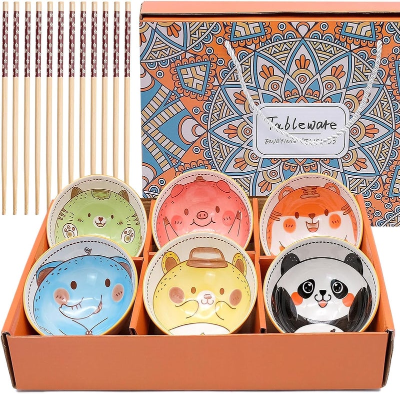 BLLREMIPSUR 6 PCS Ceramic Rice Bowls, Cute Cartoon Small Dessert Bowl, Cereal Bowls Serving Bowl Gift Set, for Oatmeal, Ice Cream, Salads, Soups - Image 1