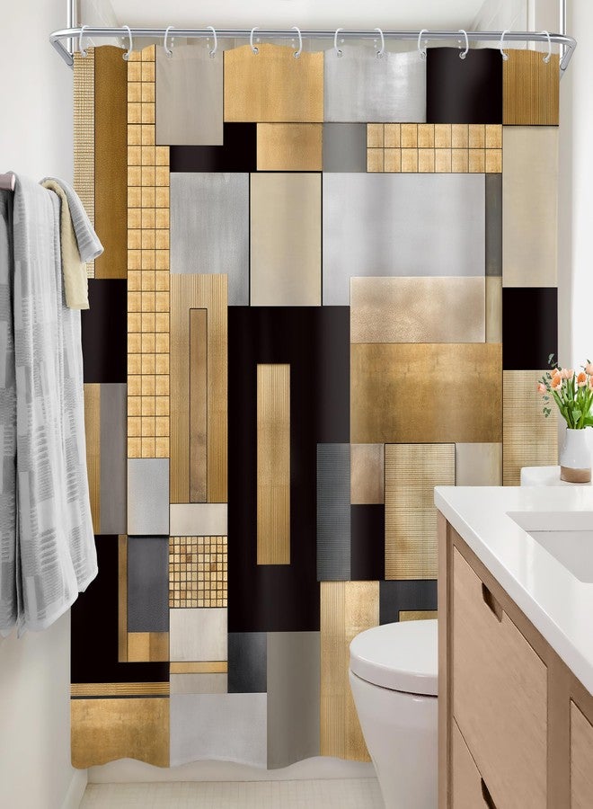 Newsely Black Gold Abstract Shower Curtain 72Wx78L Inch Modern Block Geometric Minimalist Aesthetic Contemporary Geometry Bathroom Set Fashion Waterproof Bath Decoration Accessories Home Decor - Image 3