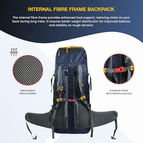 TRAWOC CLIFFHIKER 65 Liter Internal Frame Trekking Hiking Camping Backpack Travel Bag Front & Top Loading Rucksack ag for Men & Women Laptop/Rain Cover/Shoe Compartment, HK010, Black & Blue - Image 3