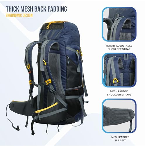 TRAWOC CLIFFHIKER 65 Liter Internal Frame Trekking Hiking Camping Backpack Travel Bag Front & Top Loading Rucksack ag for Men & Women Laptop/Rain Cover/Shoe Compartment, HK010, Black & Blue - Image 5