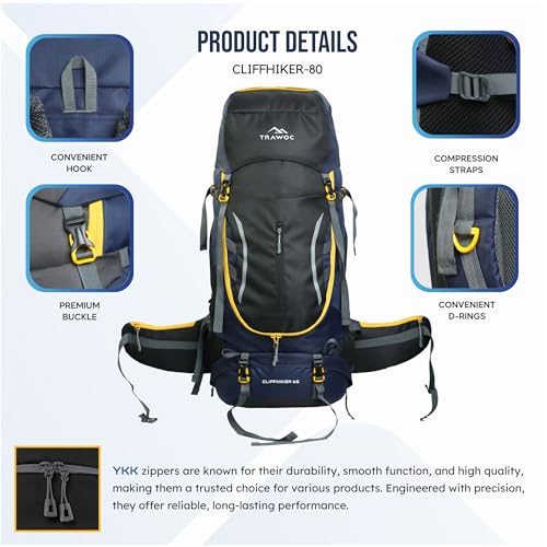 TRAWOC CLIFFHIKER 65 Liter Internal Frame Trekking Hiking Camping Backpack Travel Bag Front & Top Loading Rucksack ag for Men & Women Laptop/Rain Cover/Shoe Compartment, HK010, Black & Blue - Image 2