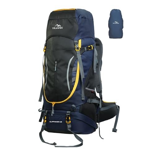 TRAWOC CLIFFHIKER 65 Liter Internal Frame Trekking Hiking Camping Backpack Travel Bag Front & Top Loading Rucksack ag for Men & Women Laptop/Rain Cover/Shoe Compartment, HK010, Black & Blue - Image 1