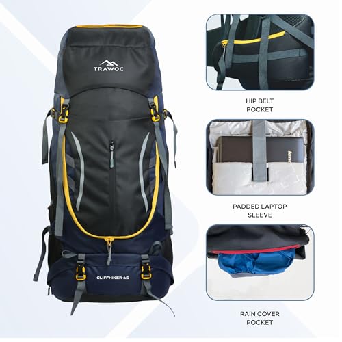 TRAWOC CLIFFHIKER 65 Liter Internal Frame Trekking Hiking Camping Backpack Travel Bag Front & Top Loading Rucksack ag for Men & Women Laptop/Rain Cover/Shoe Compartment, HK010, Black & Blue - Image 4