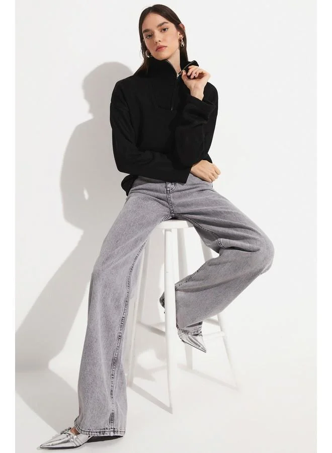 جون June Women Regular Fit Zipper Detailed High Neck Striped Knitwear Sweater Black