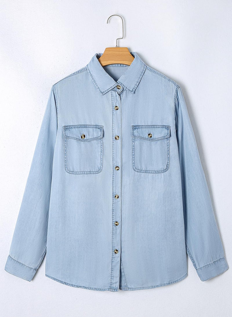 Astylish Women Denim Button Up Shirts Chambray Blouse V Neck Lightweight Long Sleeve Soft Jean Shirt Beau Blue Small - Image 3
