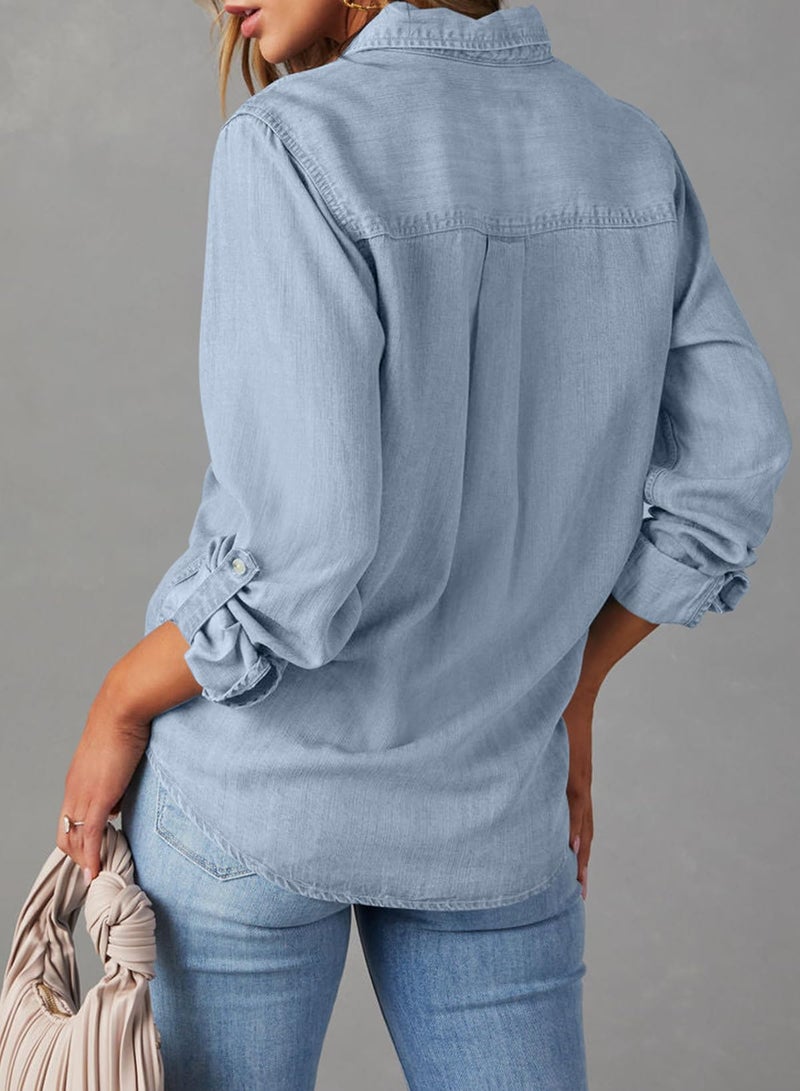 Astylish Women Denim Button Up Shirts Chambray Blouse V Neck Lightweight Long Sleeve Soft Jean Shirt Beau Blue Small - Image 2