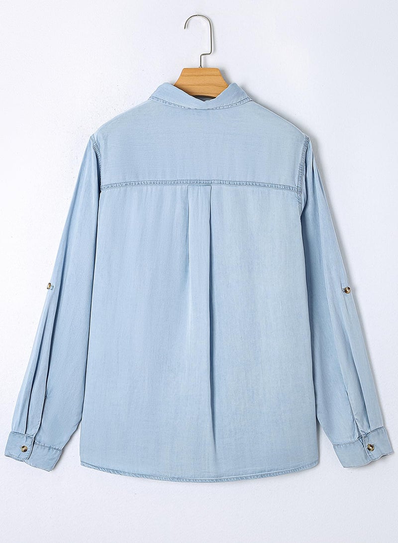 Astylish Women Denim Button Up Shirts Chambray Blouse V Neck Lightweight Long Sleeve Soft Jean Shirt Beau Blue Small - Image 4