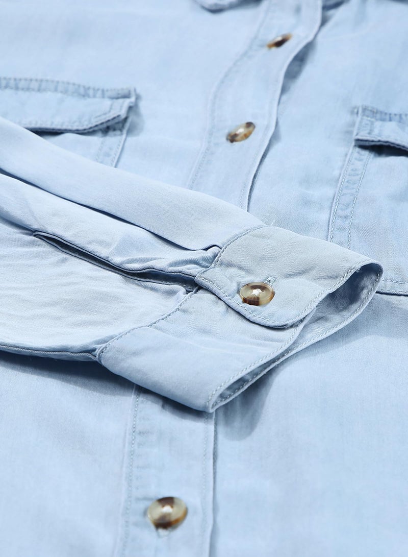 Astylish Women Denim Button Up Shirts Chambray Blouse V Neck Lightweight Long Sleeve Soft Jean Shirt Beau Blue Small - Image 5