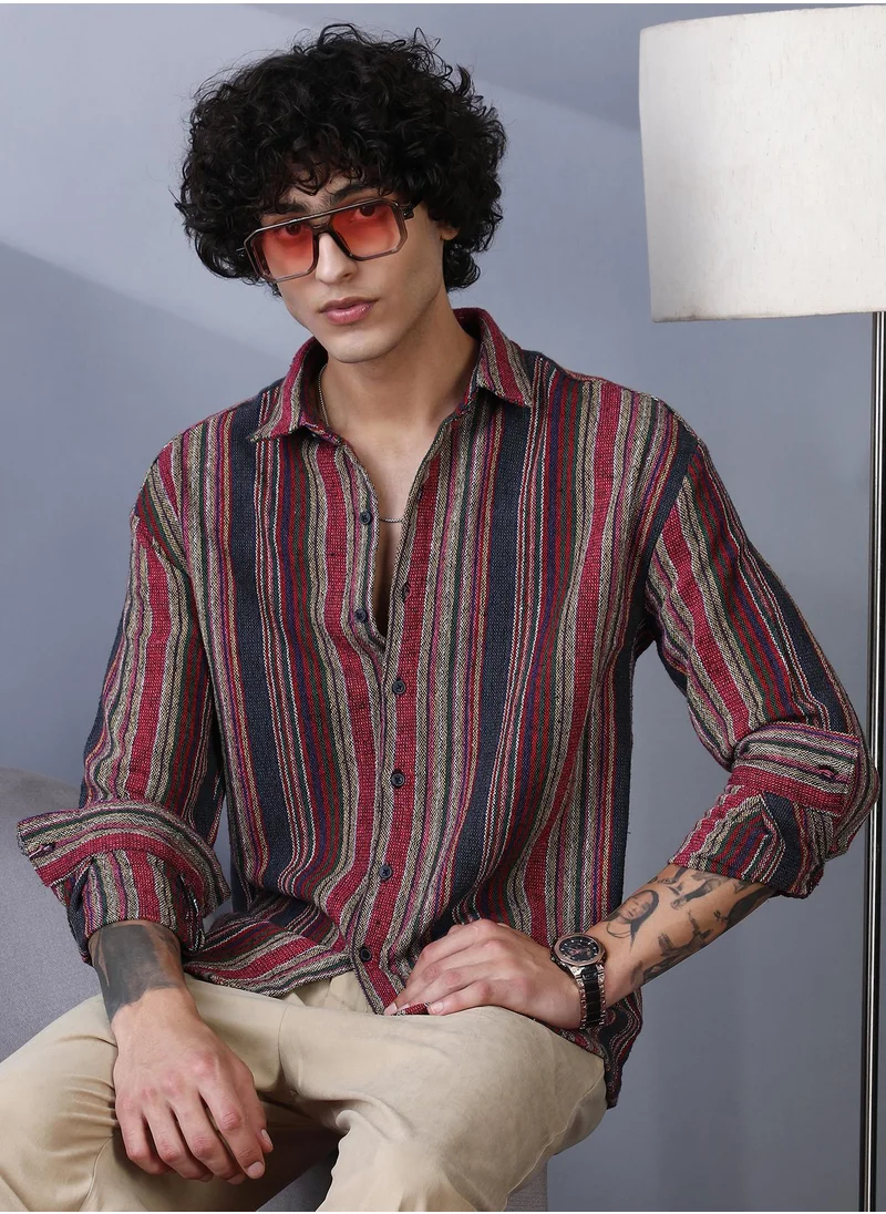 Campus Sutra Campus Sutra Men's Raspberry Red & Indigo Blue Multitrack-Striped Woven Shirt For Casual Wear | Spread Collar | Long Cuffed Sleeves | Button Closure | Shirt Crafted With Comfort Fit For Everyday Wear