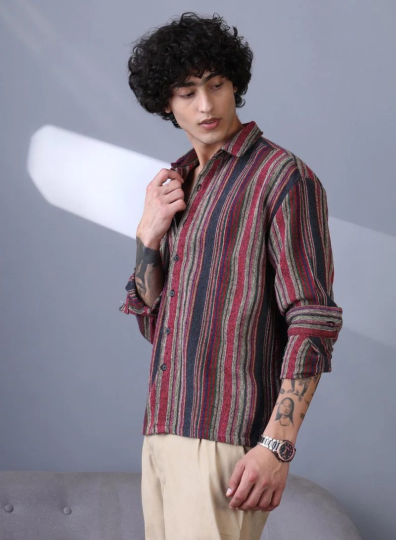 Campus Sutra Campus Sutra Men's Raspberry Red & Indigo Blue Multitrack-Striped Woven Shirt For Casual Wear | Spread Collar | Long Cuffed Sleeves | Button Closure | Shirt Crafted With Comfort Fit For Everyday Wear