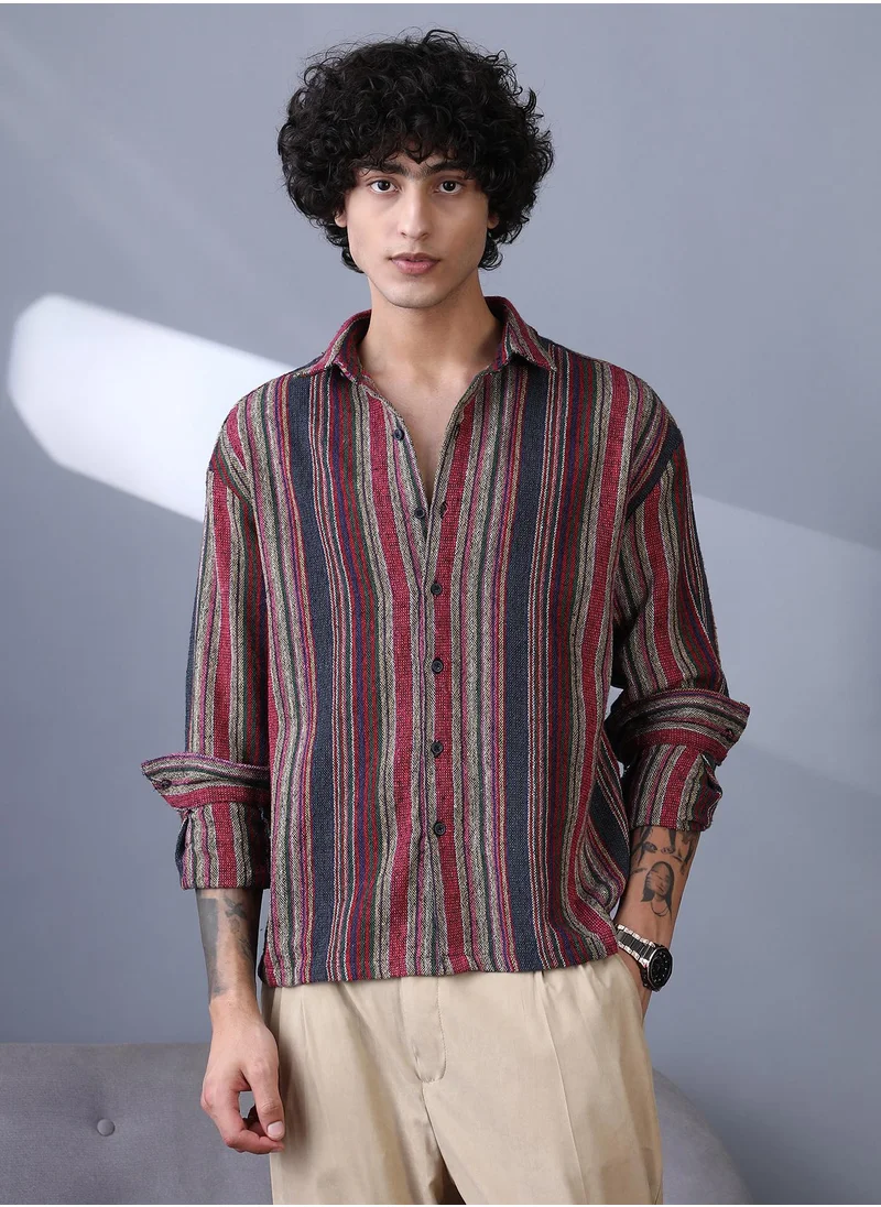 Campus Sutra Campus Sutra Men's Raspberry Red & Indigo Blue Multitrack-Striped Woven Shirt For Casual Wear | Spread Collar | Long Cuffed Sleeves | Button Closure | Shirt Crafted With Comfort Fit For Everyday Wear