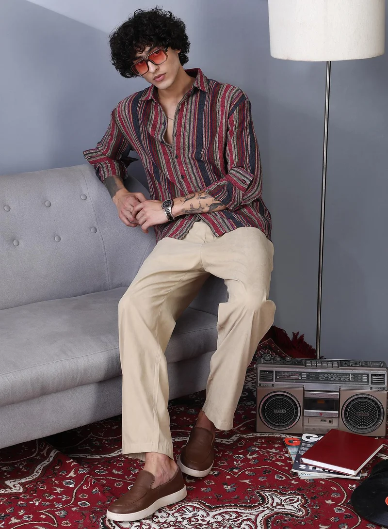 Campus Sutra Campus Sutra Men's Raspberry Red & Indigo Blue Multitrack-Striped Woven Shirt For Casual Wear | Spread Collar | Long Cuffed Sleeves | Button Closure | Shirt Crafted With Comfort Fit For Everyday Wear