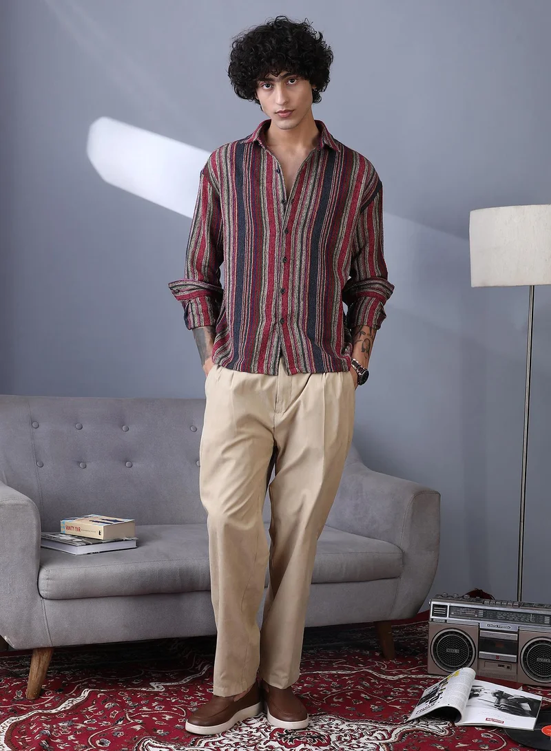 Campus Sutra Campus Sutra Men's Raspberry Red & Indigo Blue Multitrack-Striped Woven Shirt For Casual Wear | Spread Collar | Long Cuffed Sleeves | Button Closure | Shirt Crafted With Comfort Fit For Everyday Wear