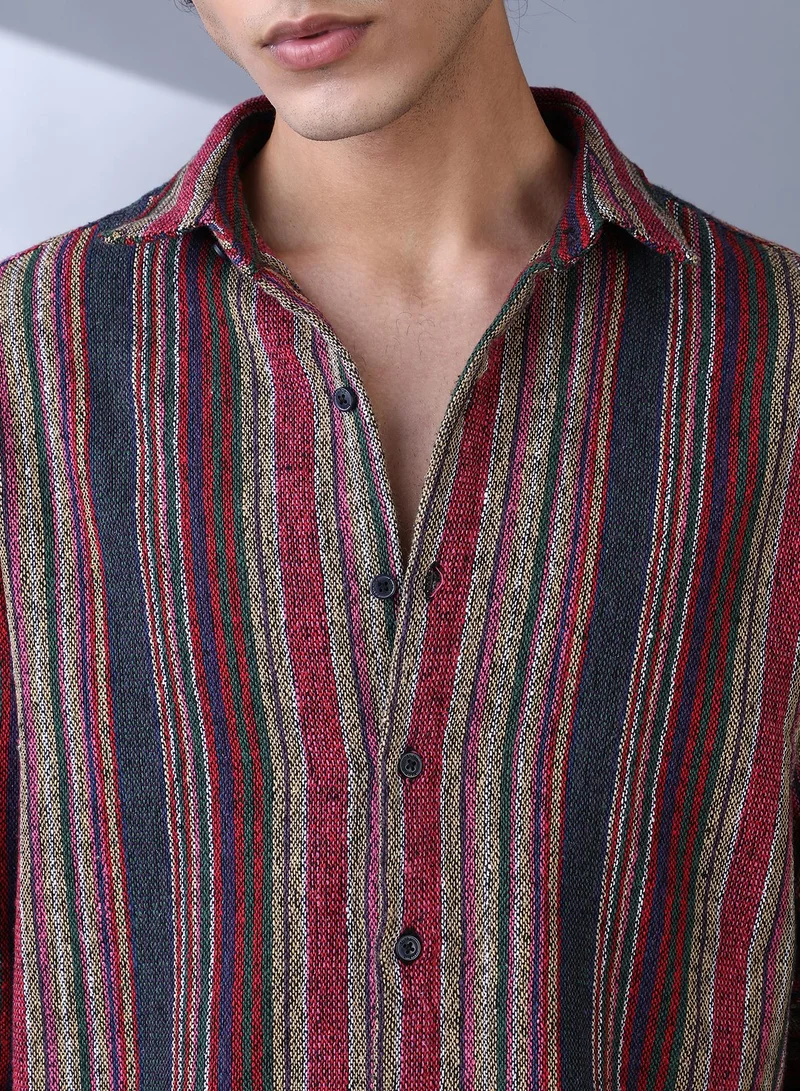Campus Sutra Campus Sutra Men's Raspberry Red & Indigo Blue Multitrack-Striped Woven Shirt For Casual Wear | Spread Collar | Long Cuffed Sleeves | Button Closure | Shirt Crafted With Comfort Fit For Everyday Wear