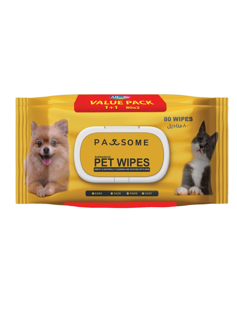 All day wipes Pawsome Antibacterial Pet Wet Wipes-80 Count (for Dogs and Cats) : Keep Your Furry Friend Clean and Fresh with All Day Pawsome Antibacterial Pet Wet Wipes. ( Pack of 2) - Image 1