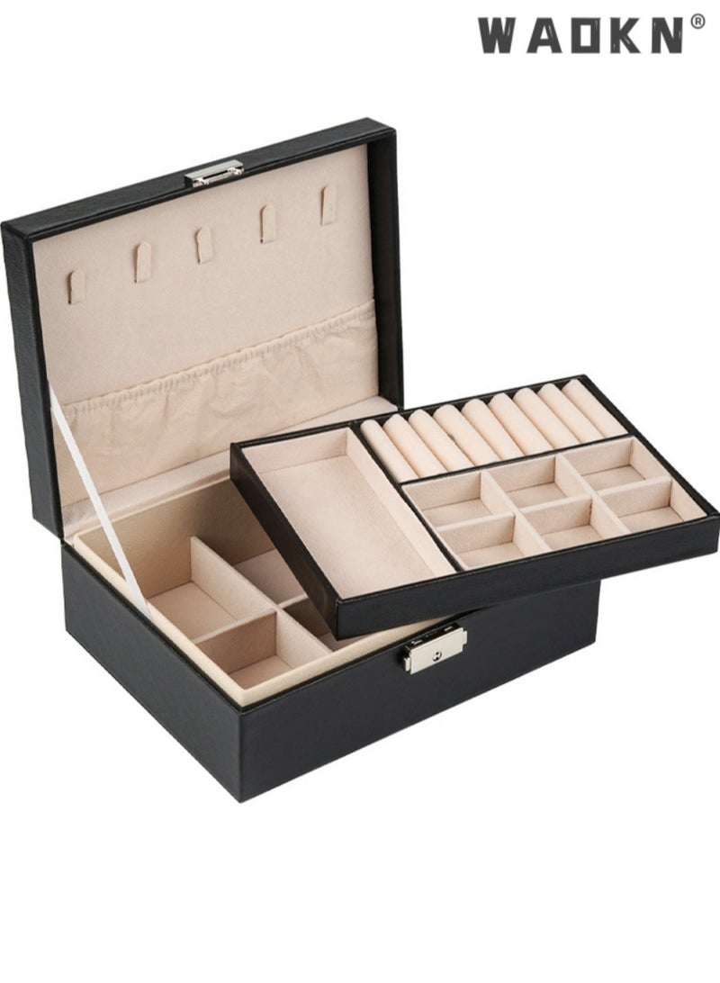 WAOKN Layer Lockable Jewelry Box,Jewelry Box Organizer For Women Girls,Double Layer Jewelry Storage Case Display Earrings Bracelets Rings Necklaces,Pu Leather Large Jewelry Organizer Storage Case With Lock  - Image 1