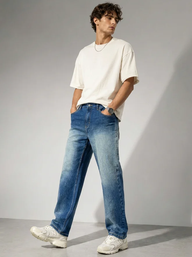 Styli Men Blue Loose Fit Faded Jeans