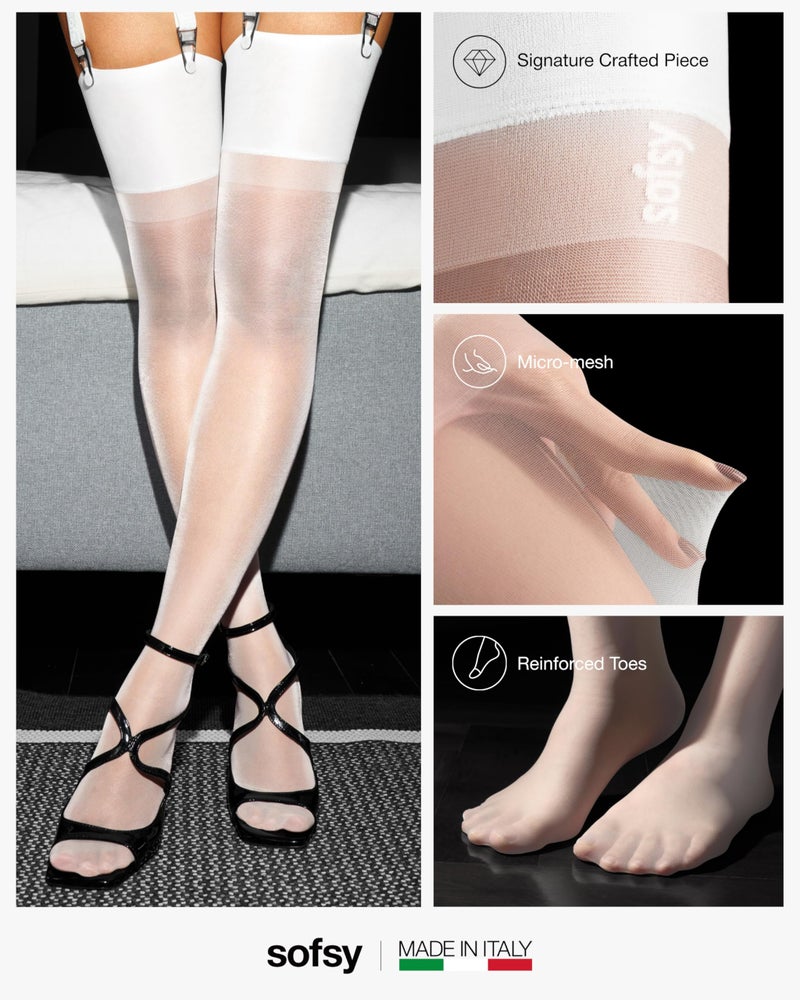 sofsy Signatured Italian-Made White Sheer Stockings for Garter Belt | 15 Den Women's Lingerie Thigh High Nylon | Silky Soft Seamless Fit - Medium - Image 4
