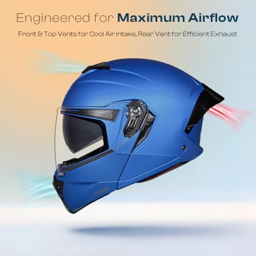 STUDDS Trooper ISI and DOT Certified Matt Finish Flip-up Full Face Helmet for Men and Women with Inner Sun Visor (Matt Blue L) - Image 3
