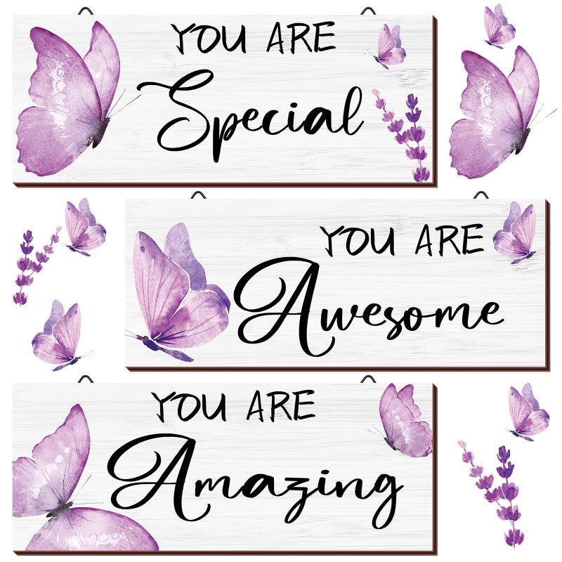 Geelin 3 Pcs Butterfly Wooden Hanging Wall Art Positive Quotes Butterfly Wall Art Prints with Butterfly for Inspirational Word Sign Decors Gift for Women Room (9.84 x 3.94 Inch Purple) - Image 1