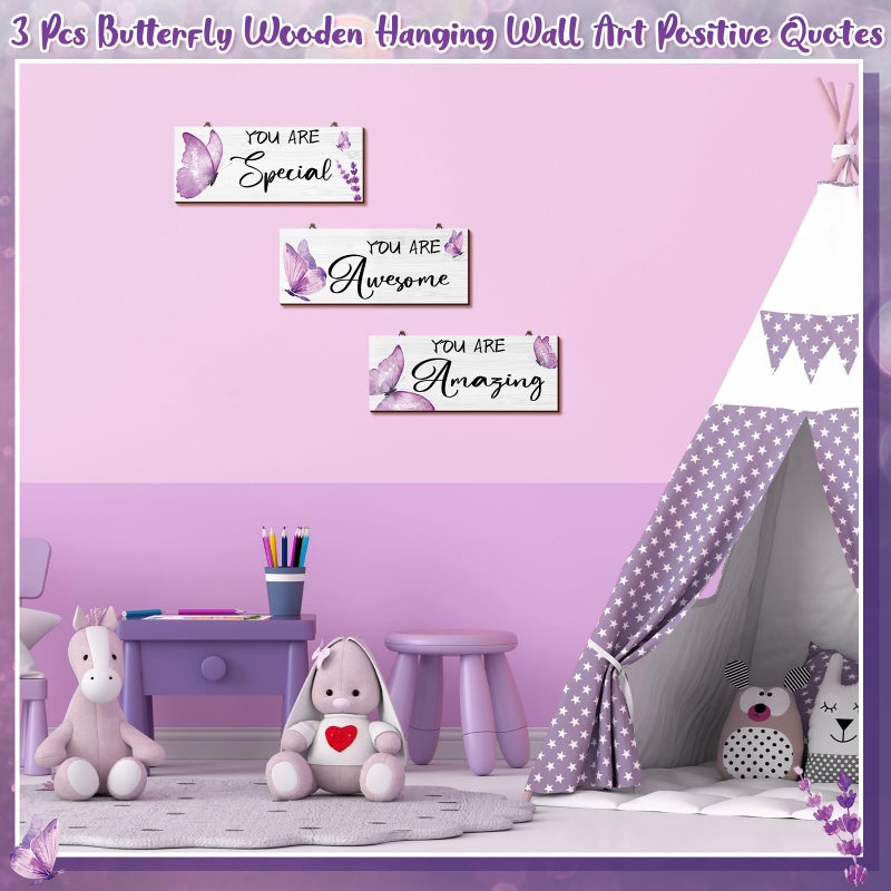 Geelin 3 Pcs Butterfly Wooden Hanging Wall Art Positive Quotes Butterfly Wall Art Prints with Butterfly for Inspirational Word Sign Decors Gift for Women Room (9.84 x 3.94 Inch Purple) - Image 4