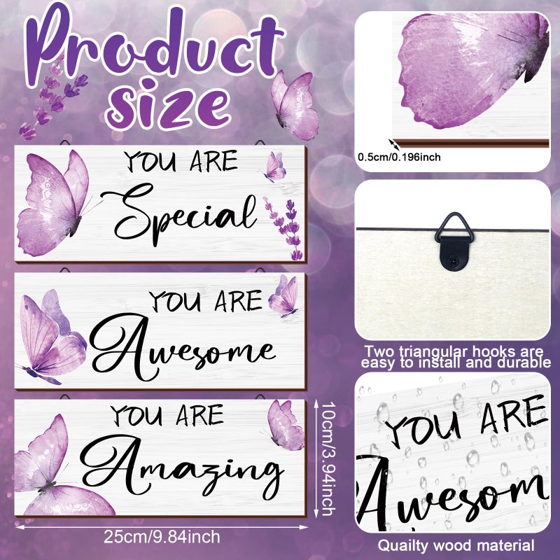 Geelin 3 Pcs Butterfly Wooden Hanging Wall Art Positive Quotes Butterfly Wall Art Prints with Butterfly for Inspirational Word Sign Decors Gift for Women Room (9.84 x 3.94 Inch Purple) - Image 2