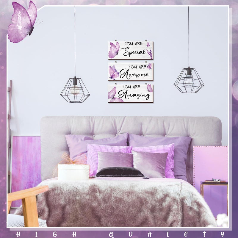 Geelin 3 Pcs Butterfly Wooden Hanging Wall Art Positive Quotes Butterfly Wall Art Prints with Butterfly for Inspirational Word Sign Decors Gift for Women Room (9.84 x 3.94 Inch Purple) - Image 3