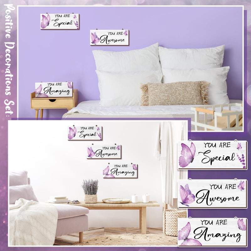 Geelin 3 Pcs Butterfly Wooden Hanging Wall Art Positive Quotes Butterfly Wall Art Prints with Butterfly for Inspirational Word Sign Decors Gift for Women Room (9.84 x 3.94 Inch Purple) - Image 5