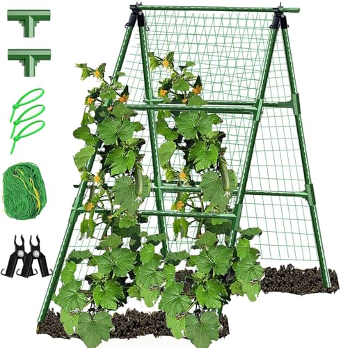JK-GMTE JKGMTE AFrame Metal Garden Trellis Set for Raised Bed for Climbing Plants OutdoorDetachable Cucumber Climbing Trellis with Net ClipsGarden for Cucumber Flowers Vegetables - Image 1