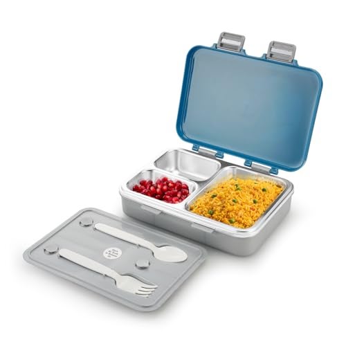 Nayasa Vitamax 3 Compartment Stainless Steel Insulated Lunch Box for Kids Boys | Space Dunk Explorer Print | Leak Proof Tiffin Box | 750 ml | Grey - Image 1