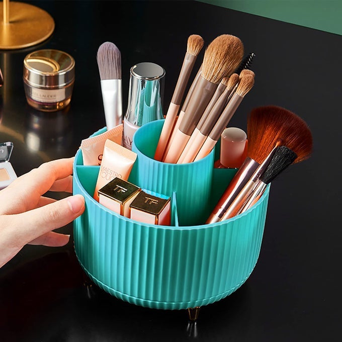 360 ROTATING MAKEUP BRUSH ORGANIZER WITH 5 SECTIONS SPINING COUNTERTOP SWIVEL MAKEUP BRUSH HOLDER FOR COSMETICS NAIL POLISH ART SUPPLY BATHROOM VANITY DESKTOP ORGANIZER BLUE