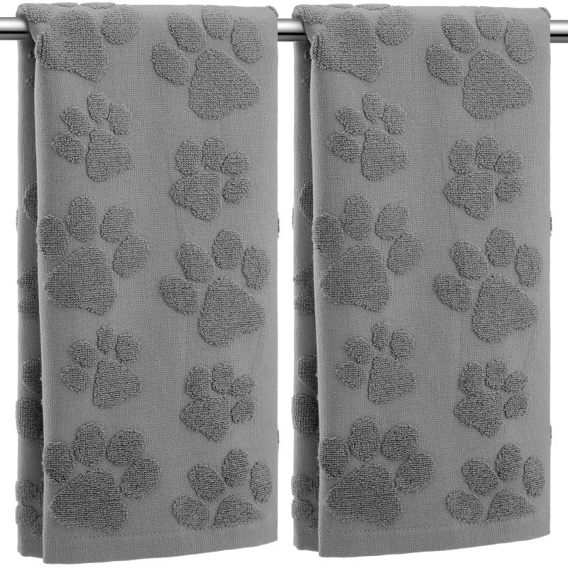 SmoothNovelty 2 Pcs 3D Dog Paw Hand Towels for Bathroom, Cute Gray Dog Paw Jacquard Weave 100% Cotton Absorbent Decorative Towels for Bathroom Kitchen Decor Gift, 13.7 x 29.5 Inch - Image 1