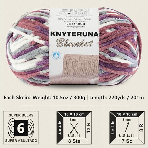 Knyteruna #6 Super Bulky Blanket Yarn for Crocheting - 4 Skeins(Each 10.5oz/300g, 220yds/201m), Chunky Chenille Thick Plush Big Soft Yarn for Crocheting Knitting Blankets, Purple & Mauve & Grey - Image 2