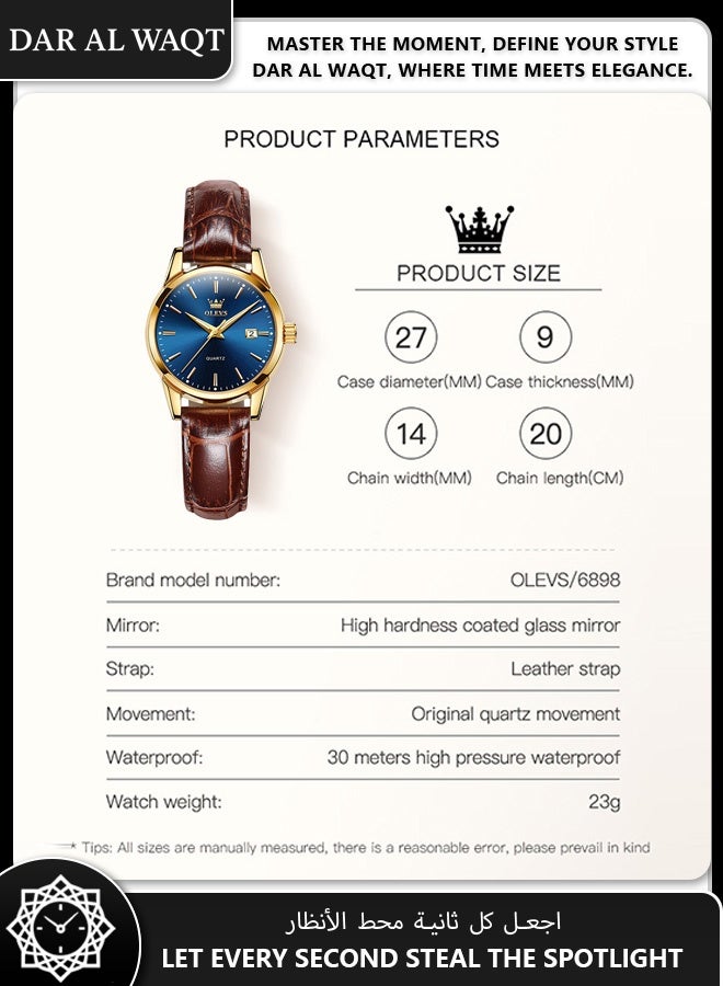 أوليفز ساعة OLEVS نسائية كوارتز – حزام جلد بني، علبة ذهبية، قرص أزرق، مقاومة للماء وأنيقة - Image 4