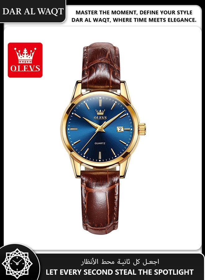 أوليفز ساعة OLEVS نسائية كوارتز – حزام جلد بني، علبة ذهبية، قرص أزرق، مقاومة للماء وأنيقة - Image 1