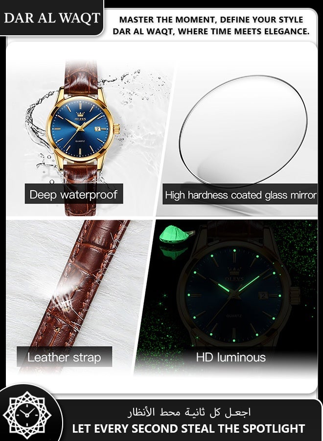 أوليفز ساعة OLEVS نسائية كوارتز – حزام جلد بني، علبة ذهبية، قرص أزرق، مقاومة للماء وأنيقة - Image 3