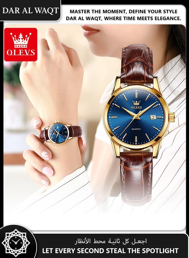 أوليفز ساعة OLEVS نسائية كوارتز – حزام جلد بني، علبة ذهبية، قرص أزرق، مقاومة للماء وأنيقة - Image 2