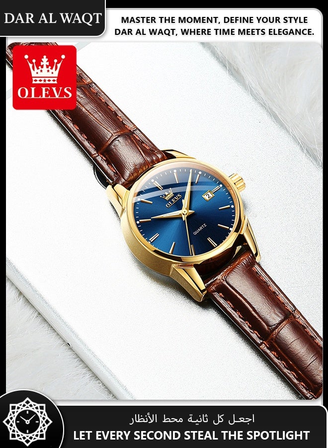 أوليفز ساعة OLEVS نسائية كوارتز – حزام جلد بني، علبة ذهبية، قرص أزرق، مقاومة للماء وأنيقة - Image 5