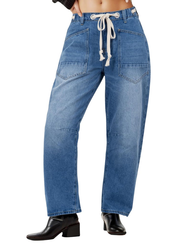Kedera Womens Barrel Jeans Mid Rise Drawstring Pants Pull-On Baggy Jeans Relaxed Fit Denim Ankle Pants with Pocket - Image 1