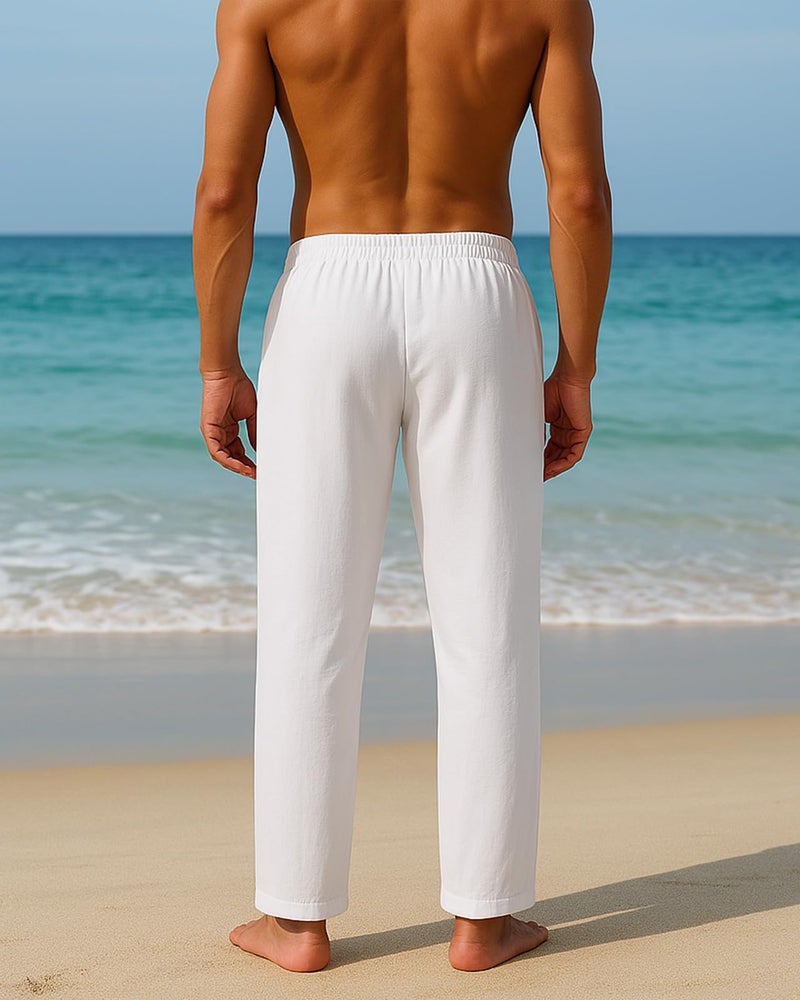 PIDOGYM Mens Cotton Linen Pants, Summer Beach Pants Casual Loose Fit with Elastic Waist Drawstring White - Image 5