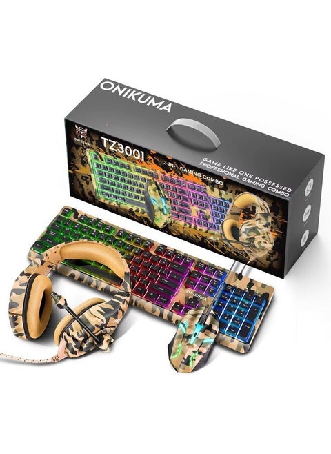 TZ3001 3-IN-1 Gaming Keyboard and Mouse and Headset Combo, Wired PC Gaming Accessories for PC Setup, Ergonomic Computer Mechanical Keyboard Llight Up Gaming Gifts Set Camouflage Yellow
