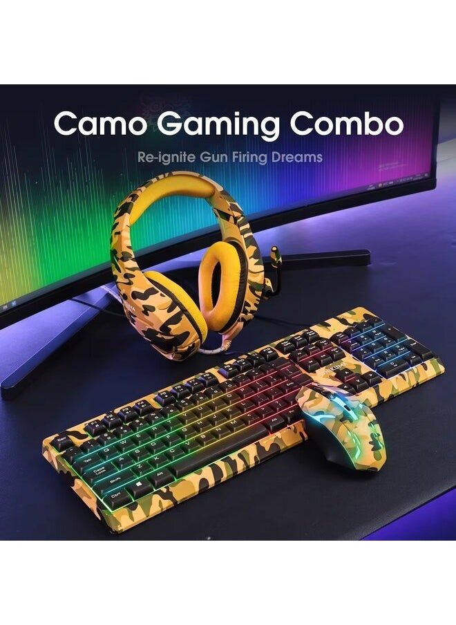 Generic - TZ3001 3-IN-1 Gaming Keyboard and Mouse and Headset Combo, Wired PC Gaming Accessories for PC Setup, Ergonomic Computer Mechanical Keyboard Llight Up Gaming Gifts Set Camouflage Yellow - Image 1