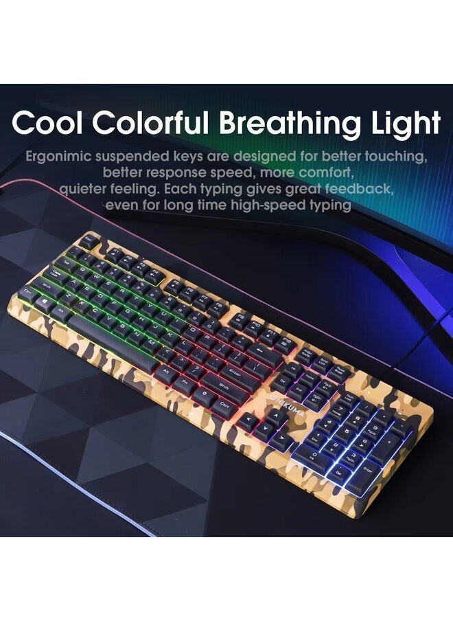 Generic - TZ3001 3-IN-1 Gaming Keyboard and Mouse and Headset Combo, Wired PC Gaming Accessories for PC Setup, Ergonomic Computer Mechanical Keyboard Llight Up Gaming Gifts Set Camouflage Yellow - Image 1