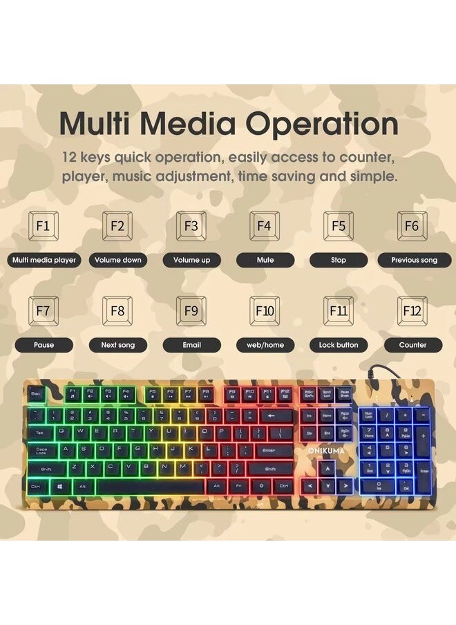 Generic - TZ3001 3-IN-1 Gaming Keyboard and Mouse and Headset Combo, Wired PC Gaming Accessories for PC Setup, Ergonomic Computer Mechanical Keyboard Llight Up Gaming Gifts Set Camouflage Yellow - Image 1
