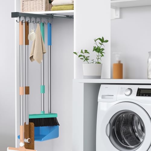 PrimZooty Pull Out Broom Holder, Multifunctional Slide Broom And Mop Storage/Organizer With Adjustable Double Row Sliding Hook, Garage Organization Hooks, for Closet Laundry Garage - Dark grey - 36cm - Image 1